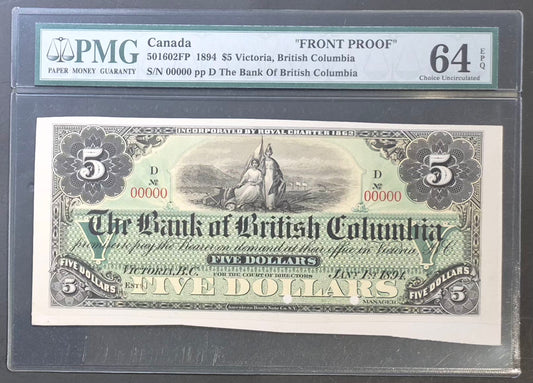 Bank of British Columbia (Canada) 5 Dollars Front Proof Paper Money 1894 Choice UNC64