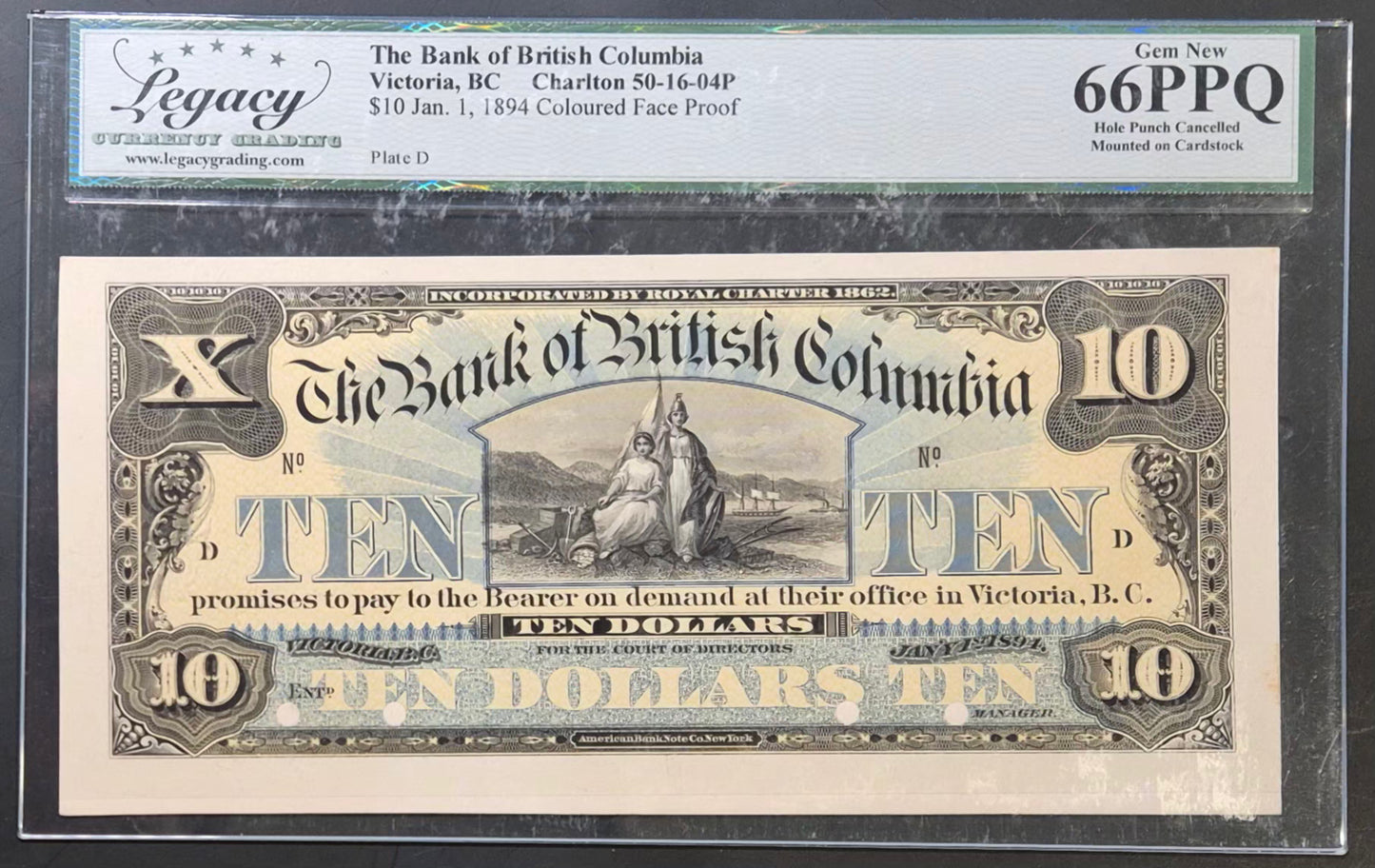 Bank of British Columbia (Canada) 10 Dollars Paper Money 1894 Coloured Face and Back Proof Set