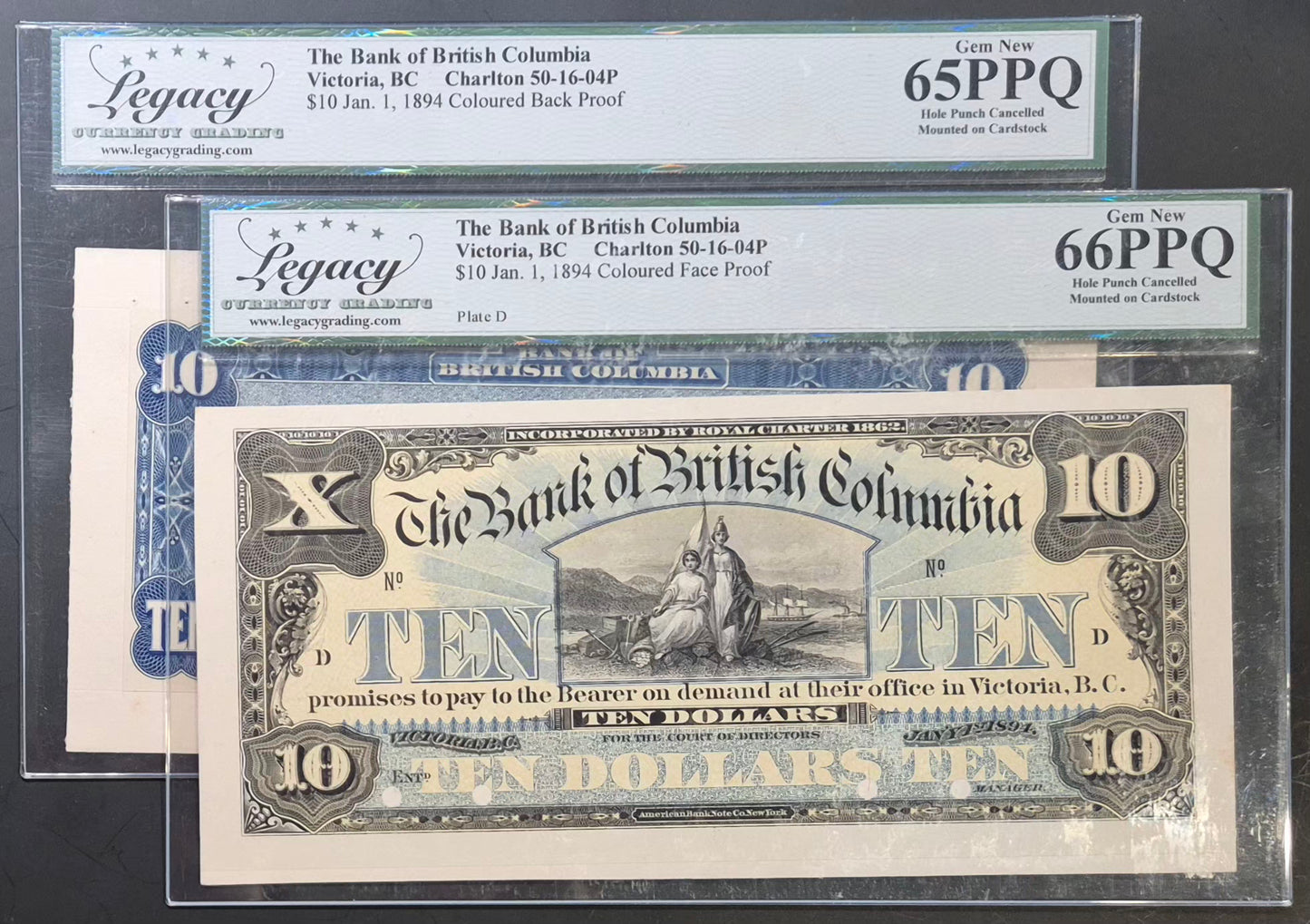 Bank of British Columbia (Canada) 10 Dollars Paper Money 1894 Coloured Face and Back Proof Set