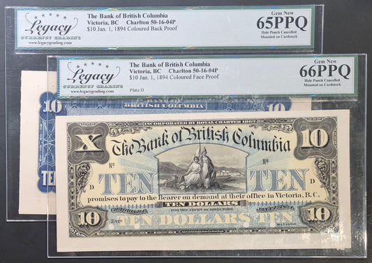 Bank of British Columbia (Canada) 10 Dollars Paper Money 1894 Coloured Face and Back Proof Set
