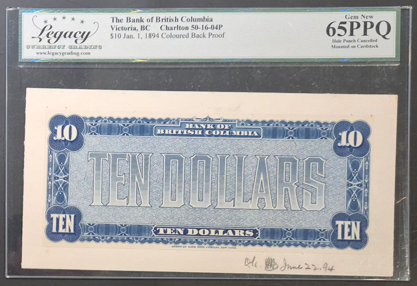 Bank of British Columbia (Canada) 10 Dollars Paper Money 1894 Coloured Face and Back Proof Set