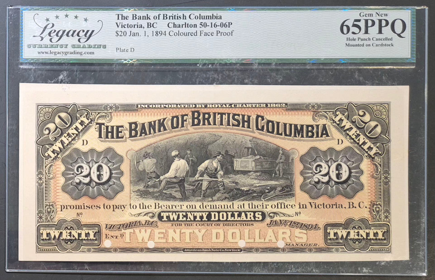 Bank of British Columbia (Canada) 20 Dollars Paper Money 1894 Coloured Face and Back Proof Set