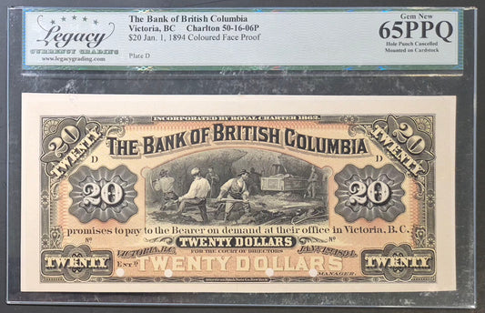 Bank of British Columbia (Canada) 20 Dollars Paper Money 1894 Coloured Face and Back Proof Set
