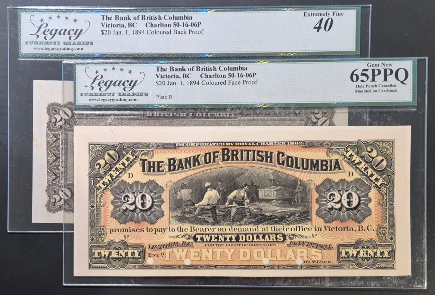 Bank of British Columbia (Canada) 20 Dollars Paper Money 1894 Coloured Face and Back Proof Set
