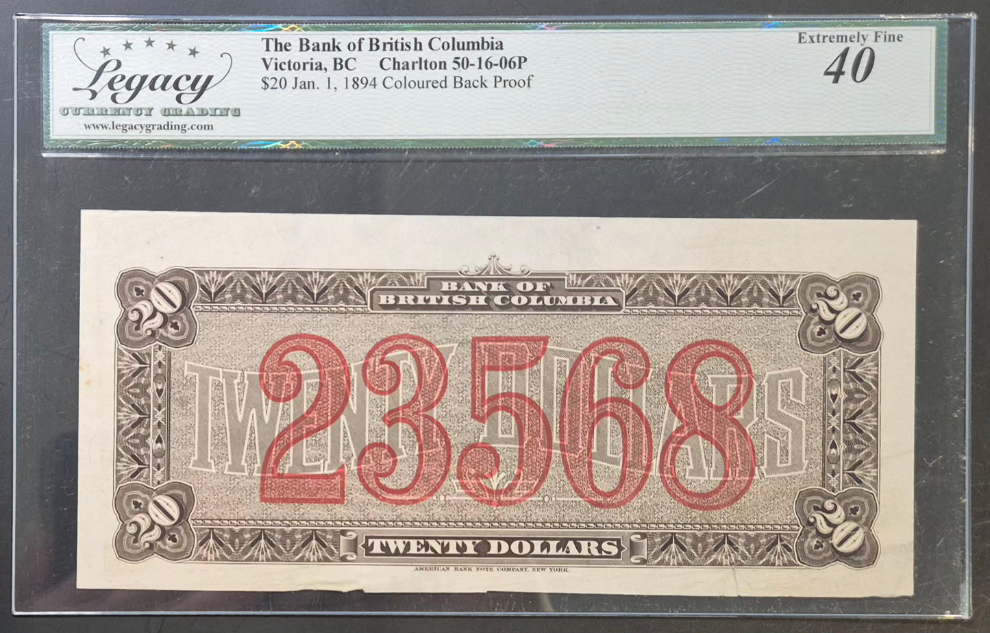 Bank of British Columbia (Canada) 20 Dollars Paper Money 1894 Coloured Face and Back Proof Set