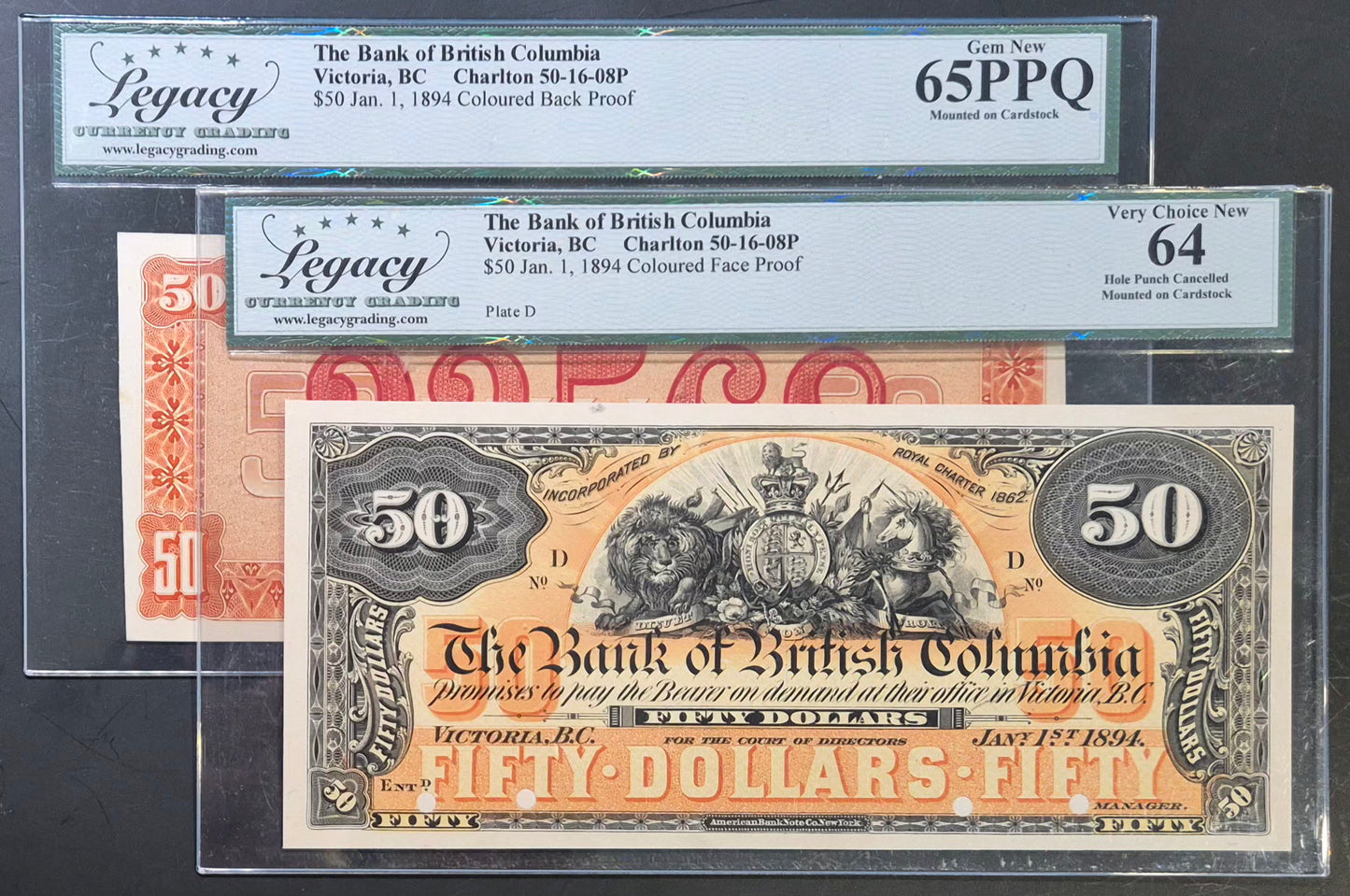 Bank of British Columbia (Canada) 50 Dollars Paper Money 1894 Coloured Face and Back Proof Set