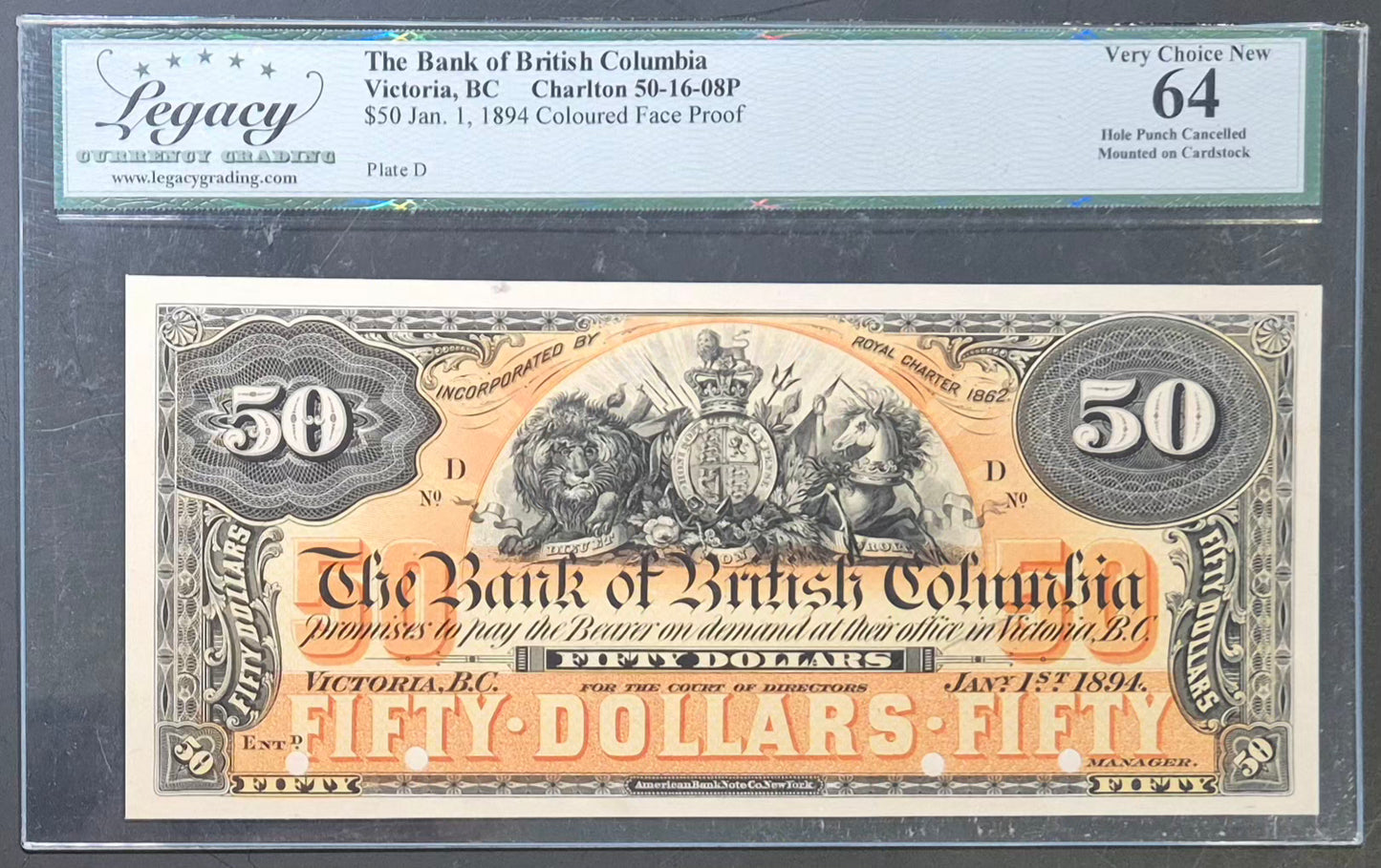 Bank of British Columbia (Canada) 50 Dollars Paper Money 1894 Coloured Face and Back Proof Set
