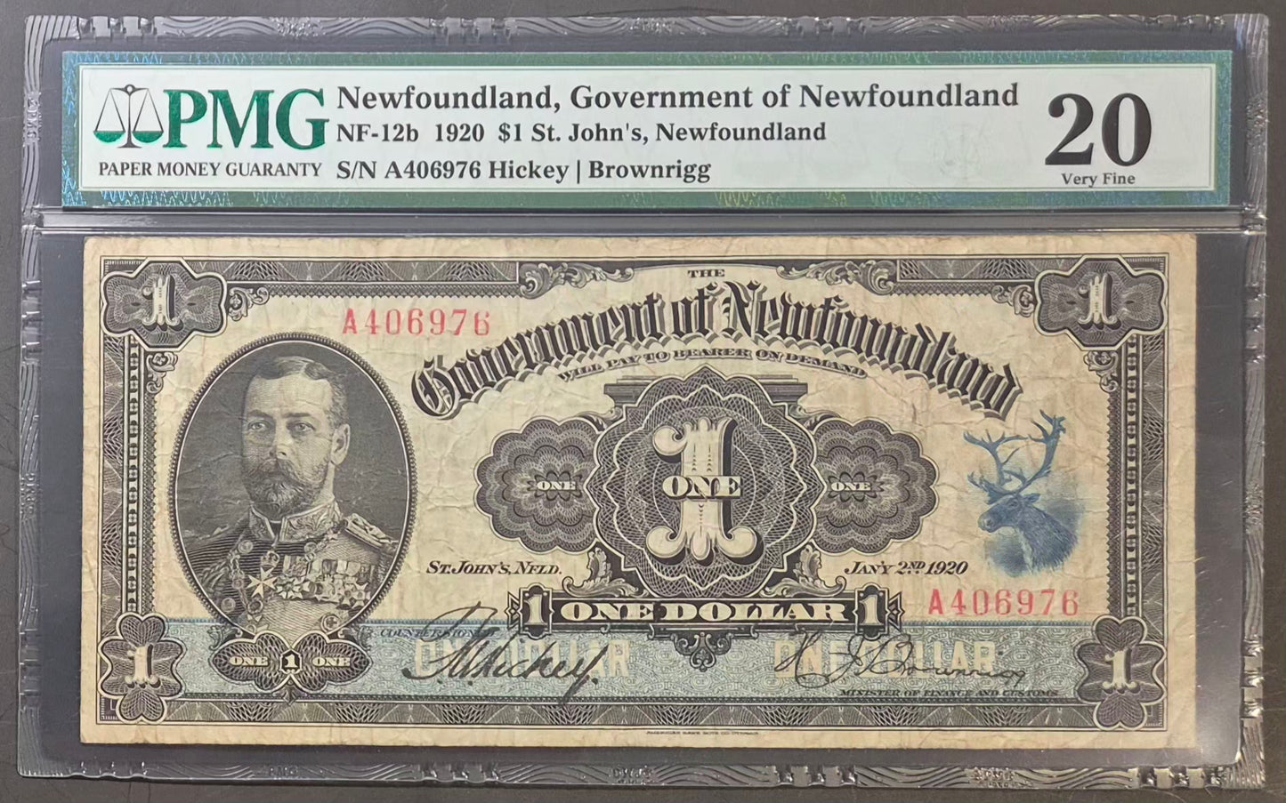 Newfoundland (Canada) 1 Dollar Paper Money 1920 Hickey & Brownrigg Signatures VF20