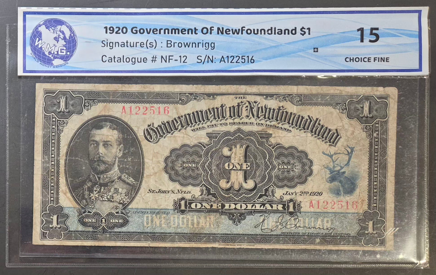 Newfoundland (Canada) 1 Dollar Paper Money 1920 Brownrigg Signature Choice F15