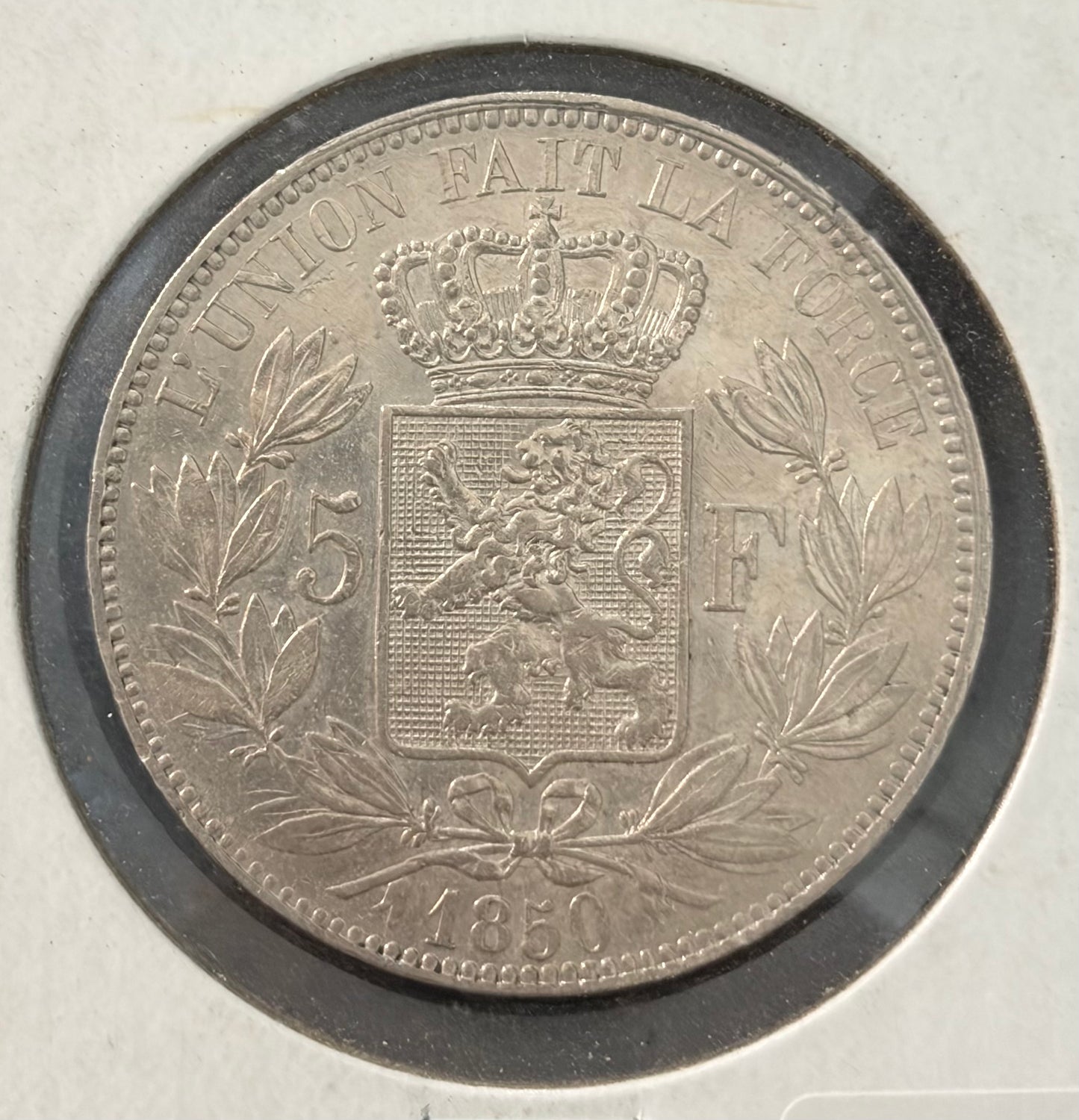 Belgium 5 Francs Coin 1850